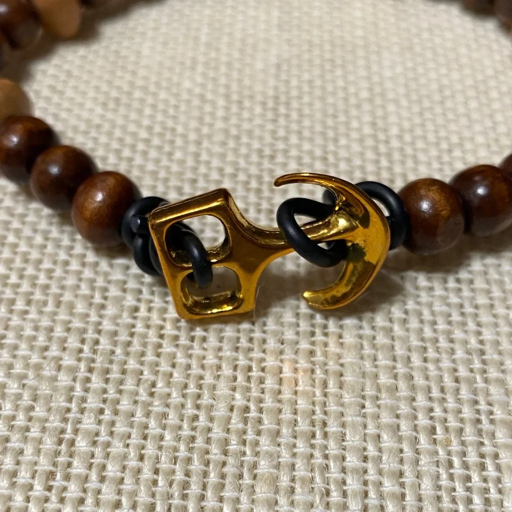 Brown two tone wood Beaded 8” long Bracelet with Gold anchor and loop Clasp